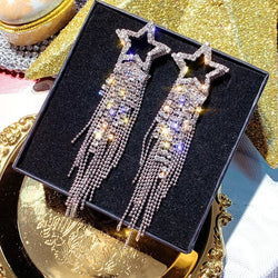 FYUAN Fashion Long Tassel Crystal Earrings for Women Bijoux Luxury Shiny Gold Color Star Rhinestone Dangle Earrings Jewelry Gift