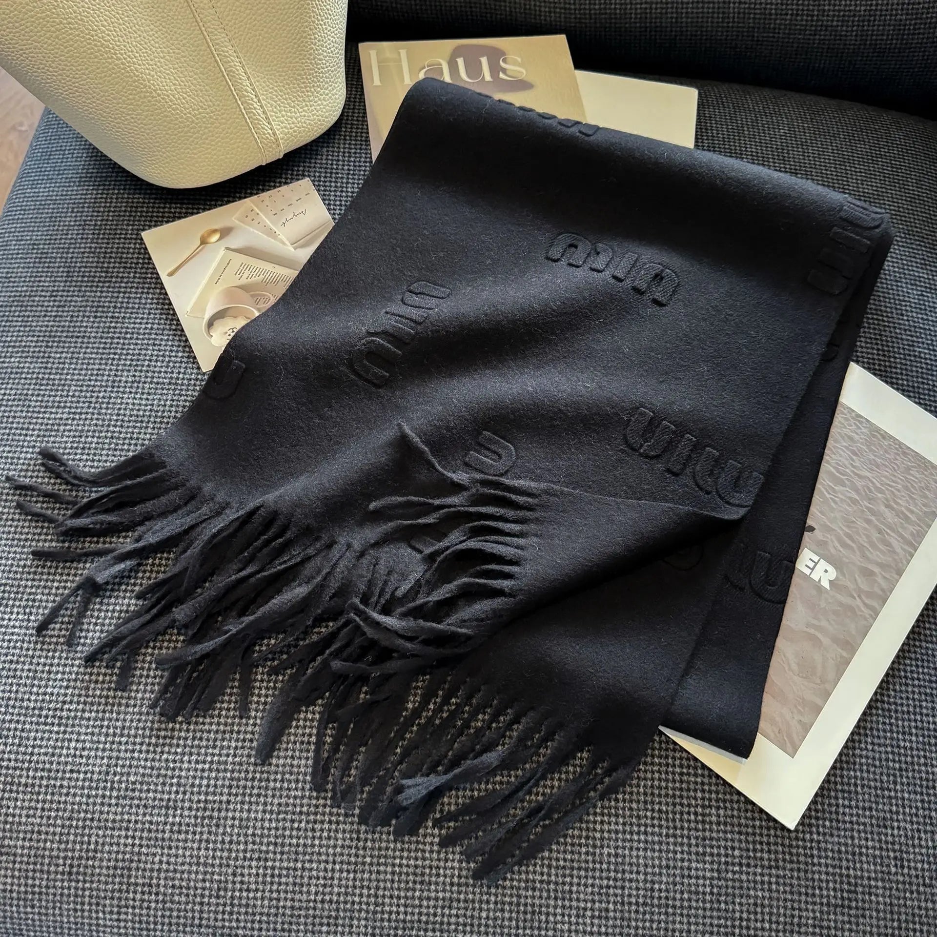 Fashion Design Blend Wool Scarf Women Embossed Simple Warm Muffler Female New Type Imitation Cashmere Thick Fringed Shawl Ladies