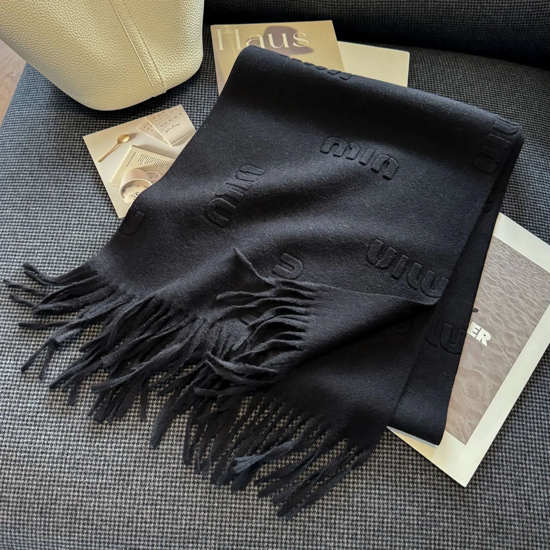 Fashion Design Blend Wool Scarf Women Embossed Simple Warm Muffler Female New Type Imitation Cashmere Thick Fringed Shawl Ladies