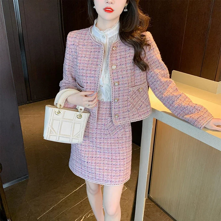 Insozkdg 2024 New Spring Autumn Elegant Women Suit Jacket Light Luxury High-end Pink Coat Top + A-line Skirt Two-piece Set Women