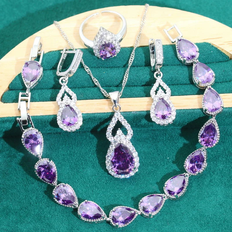 Droplet Shaped Silver 925 Jewelry Sets For Women Red Zircon Earrings Necklace Pendant Open Ring Bracelet Dating Dating Gifts
