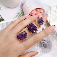 Natural Crystal Reiki Rings Raw Irregular Amethyst Cluster Geode Druzy Adjustable Finger Ring Resizable