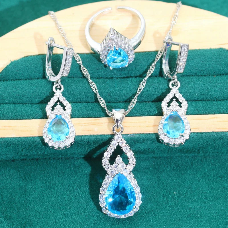 Droplet Shaped Silver 925 Jewelry Sets For Women Red Zircon Earrings Necklace Pendant Open Ring Bracelet Dating Dating Gifts
