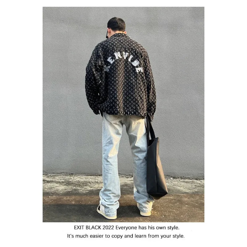 American street print hollow hole denim jacket personality trend men ins trend high street loose letter embroidery casual jacket