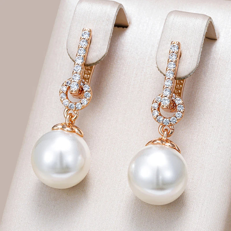 Kinel Luxury 585 Rose Gold Color Pearl Drop Earrings Women Unique Geometric Full Natural Zircon Accessories Daily Jewelry Gift