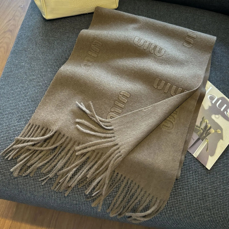 Fashion Design Blend Wool Scarf Women Embossed Simple Warm Muffler Female New Type Imitation Cashmere Thick Fringed Shawl Ladies