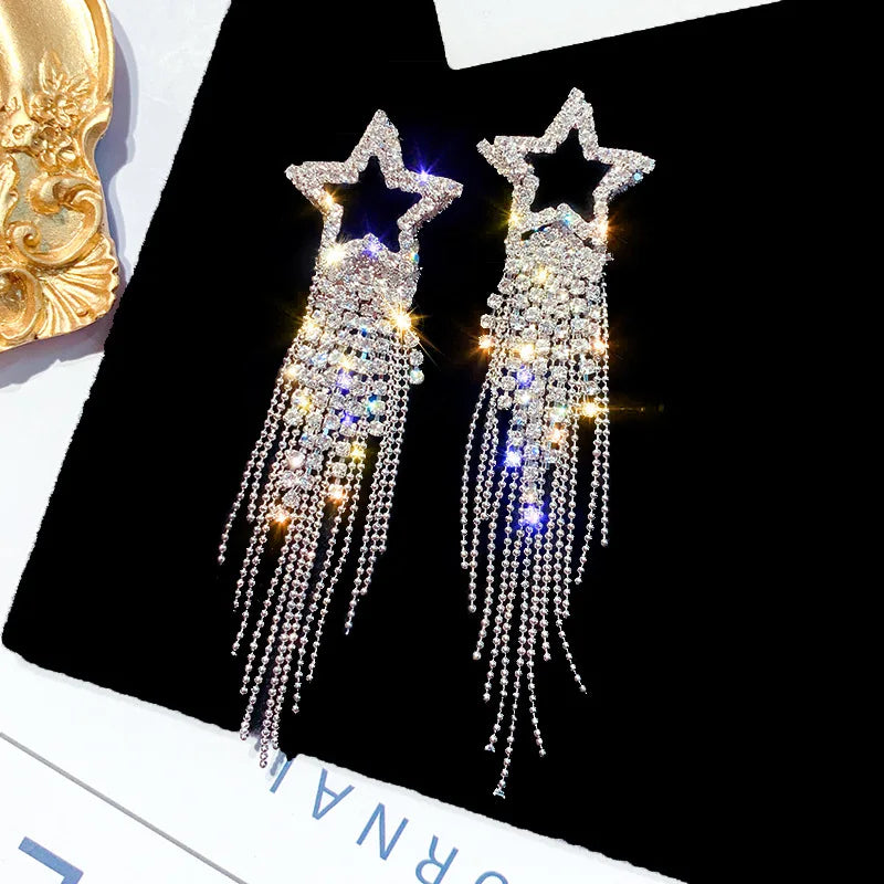 FYUAN Fashion Long Tassel Crystal Earrings for Women Bijoux Luxury Shiny Gold Color Star Rhinestone Dangle Earrings Jewelry Gift