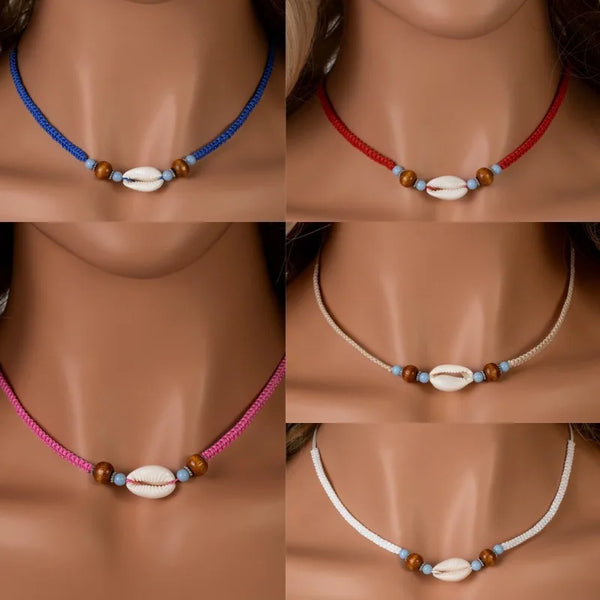 Bohemian Ethnic Style Shell Necklace Wooden Beaded Pendant Weaving Adjustable Necklace for Unisex Vacation Party Jewelry