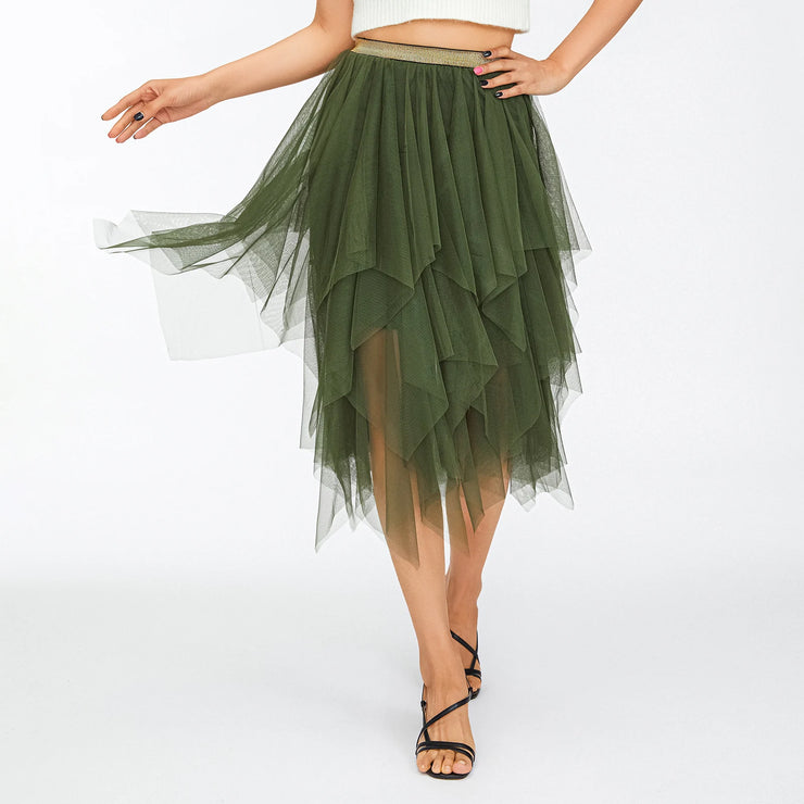 Women Green Midi Skirts Solid Color Elastic High Waist Irregular Ruffles Multi-Layered Tulle Tutu Skirts Female High Streetwear