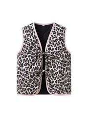 Short Leopard Pattern Edge Bow Decoration Sweet Pressed Cotton Front Sleeveless V-Neck Vest Casual Thick Quilted Jacket Cardigan