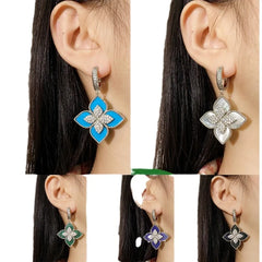 Luxury Fashion Italian Brand 4 Leaf Clover Drop Earrings Inlay Nature Shell Crystal Jewelry for Women Girl Party Gift