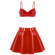 Womens Wet Look Patent Leather Bra Skirts Set Wire-free Bra Top with Zipper Flared Mini Skirt Lingerie Night Club Costume