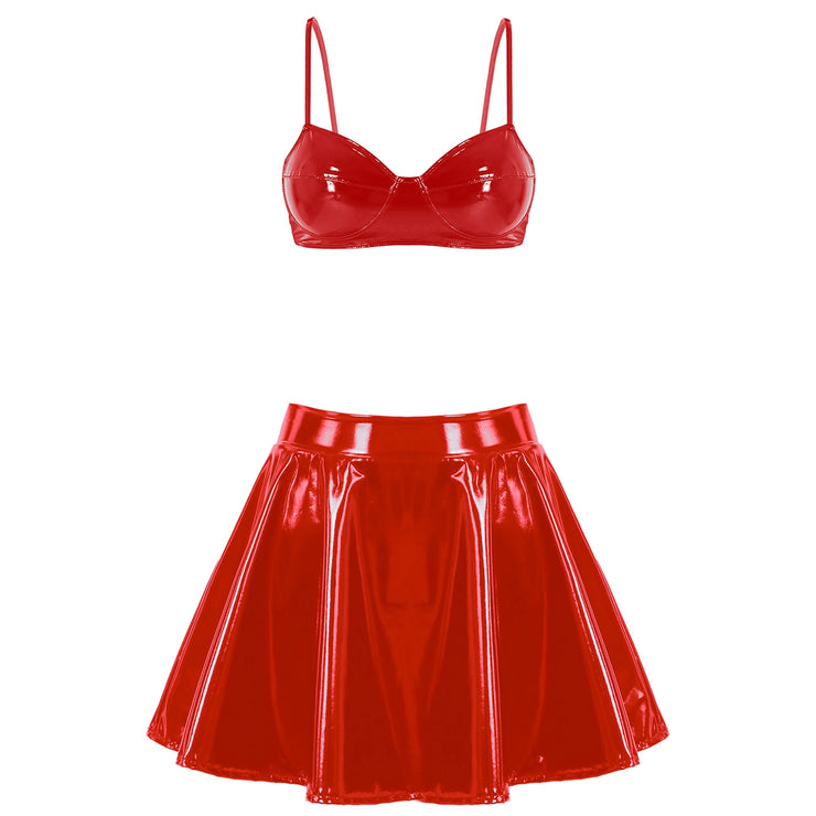 Womens Wet Look Patent Leather Bra Skirts Set Wire-free Bra Top with Zipper Flared Mini Skirt Lingerie Night Club Costume