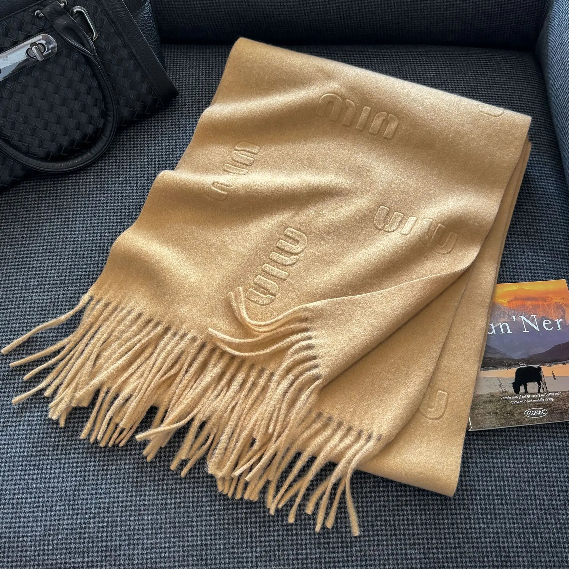 Fashion Design Blend Wool Scarf Women Embossed Simple Warm Muffler Female New Type Imitation Cashmere Thick Fringed Shawl Ladies
