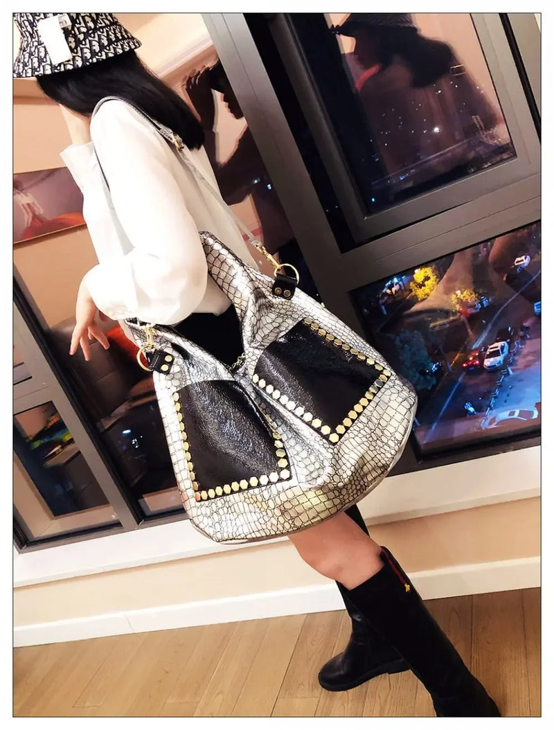 Women Fashion Vegan Leather Big Capacity Handbag 2024 Oversized Alligator Rivet Holographic Work Laptop Silver Hobo Slouchy Bag