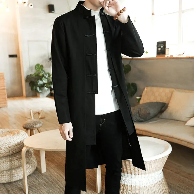 Trench Coat Men Fake two Pieces Cardigan Kimono Embroidered Coat Male Long Chinese Style Black Loose Vintage Cotton Linen Jacket