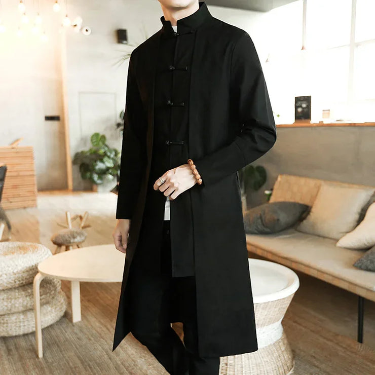 Trench Coat Men Fake two Pieces Cardigan Kimono Embroidered Coat Male Long Chinese Style Black Loose Vintage Cotton Linen Jacket