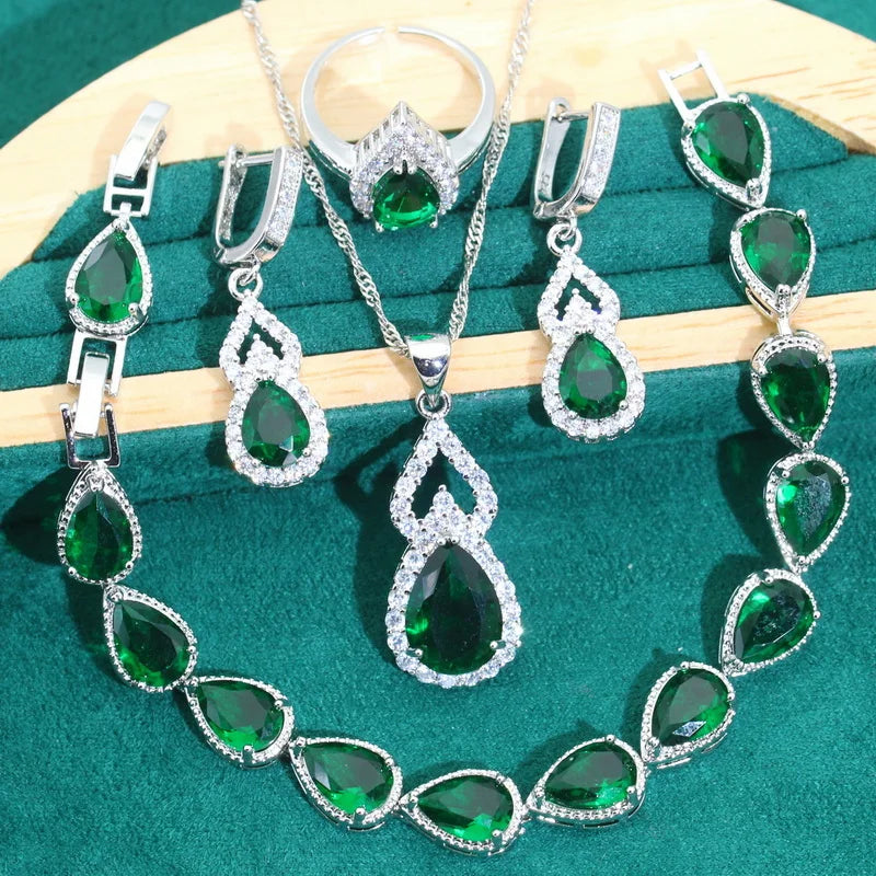 Droplet Shaped Silver 925 Jewelry Sets For Women Red Zircon Earrings Necklace Pendant Open Ring Bracelet Dating Dating Gifts
