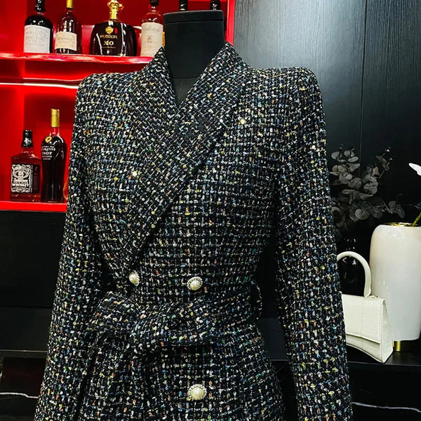 Fashion Long Black Jackets for Women 2025 New Autumn Winter Luxury Tweed Coat Trend Slim Ladies Vintage Temperament Outerwears