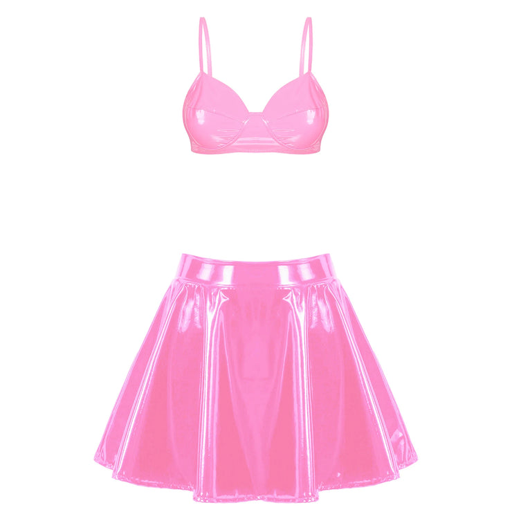 Womens Wet Look Patent Leather Bra Skirts Set Wire-free Bra Top with Zipper Flared Mini Skirt Lingerie Night Club Costume