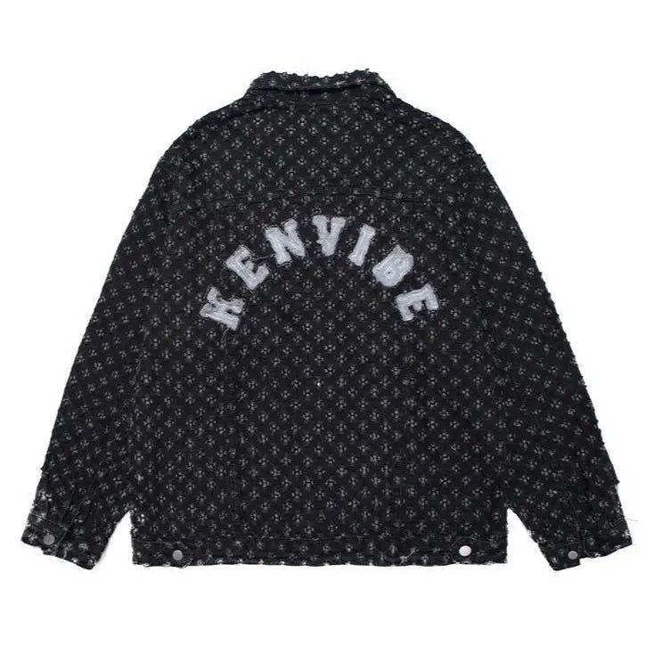 American street print hollow hole denim jacket personality trend men ins trend high street loose letter embroidery casual jacket