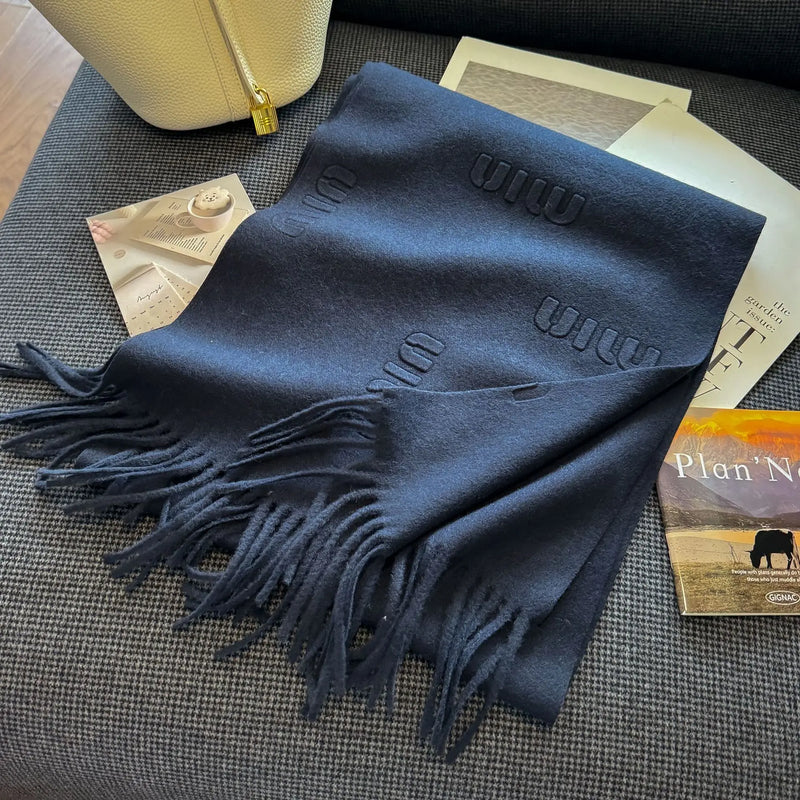 Fashion Design Blend Wool Scarf Women Embossed Simple Warm Muffler Female New Type Imitation Cashmere Thick Fringed Shawl Ladies