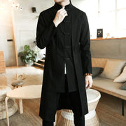 Trench Coat Men Fake two Pieces Cardigan Kimono Embroidered Coat Male Long Chinese Style Black Loose Vintage Cotton Linen Jacket