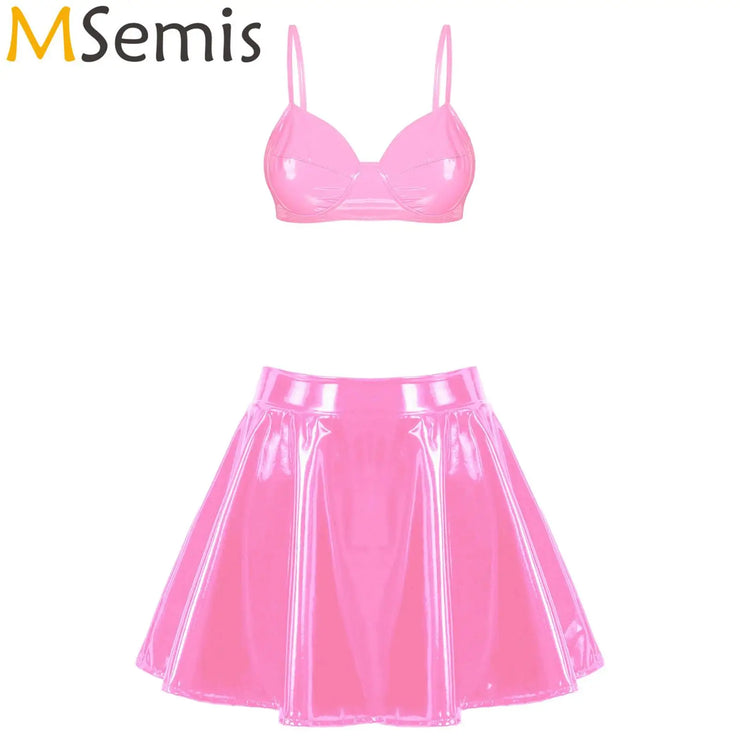 Womens Wet Look Patent Leather Bra Skirts Set Wire-free Bra Top with Zipper Flared Mini Skirt Lingerie Night Club Costume