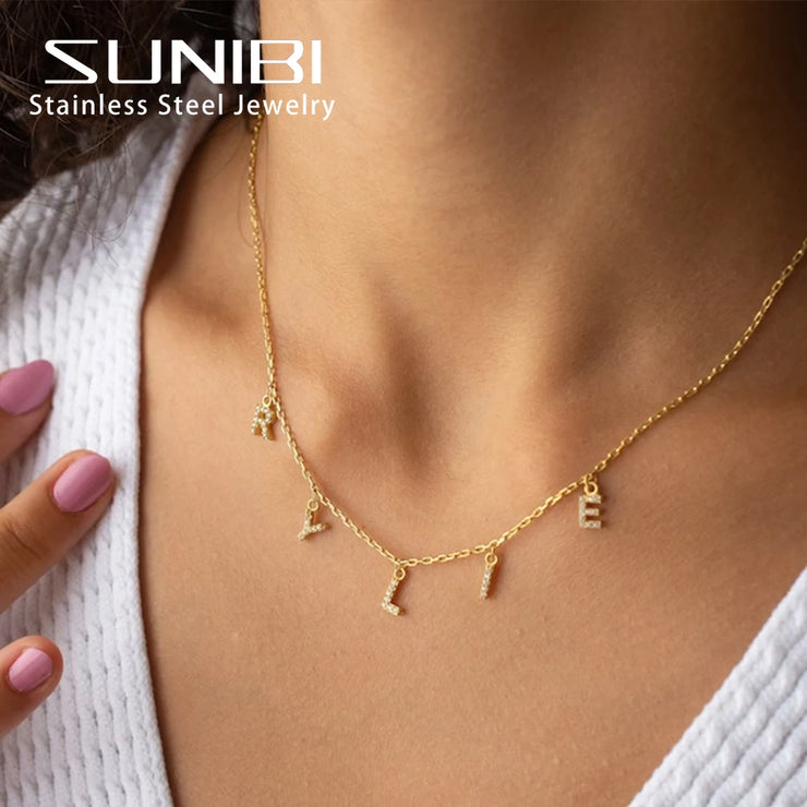 SUNIBI Custom Name Necklace for Women Personalized Stainless Steel Initial Letter Pendant Zircon Necklace Jewelry Dropshipping