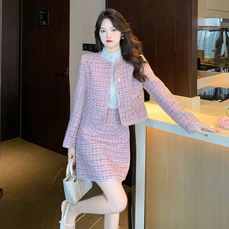 Insozkdg 2024 New Spring Autumn Elegant Women Suit Jacket Light Luxury High-end Pink Coat Top + A-line Skirt Two-piece Set Women