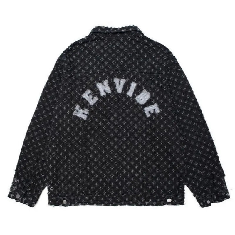 American street print hollow hole denim jacket personality trend men ins trend high street loose letter embroidery casual jacket