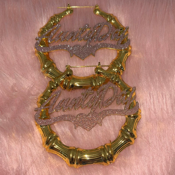 Custom Name Bamboo Earrings Personalized Stainless Steel Bling Name Earrings Colorful Big Hoops Earring for Women Jewelry Gift