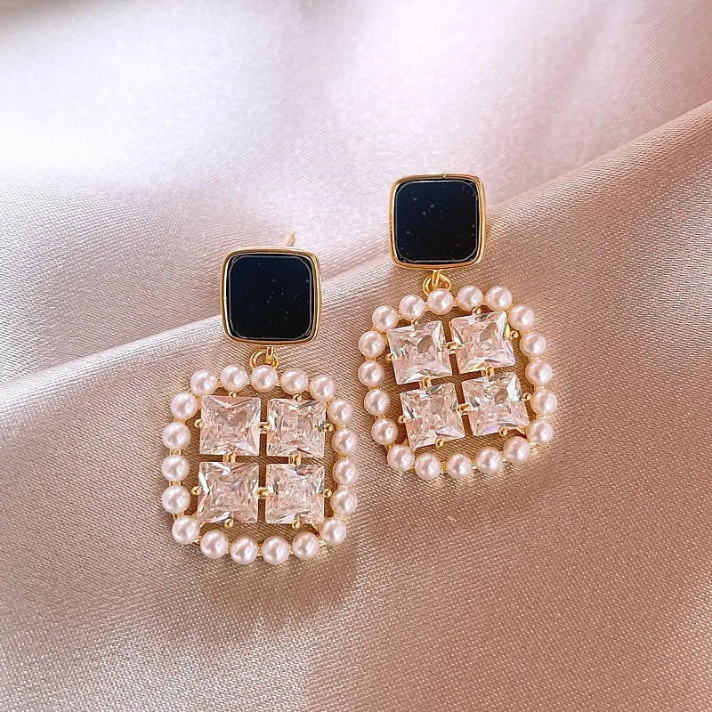 925 Silver Needle Korean Fashion Square Pearl Drop Earrings For Women Jewelry 2024 Trending New Women's Vintage Zircon Earrings