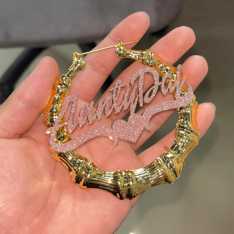 Custom Name Bamboo Earrings Personalized Stainless Steel Bling Name Earrings Colorful Big Hoops Earring for Women Jewelry Gift