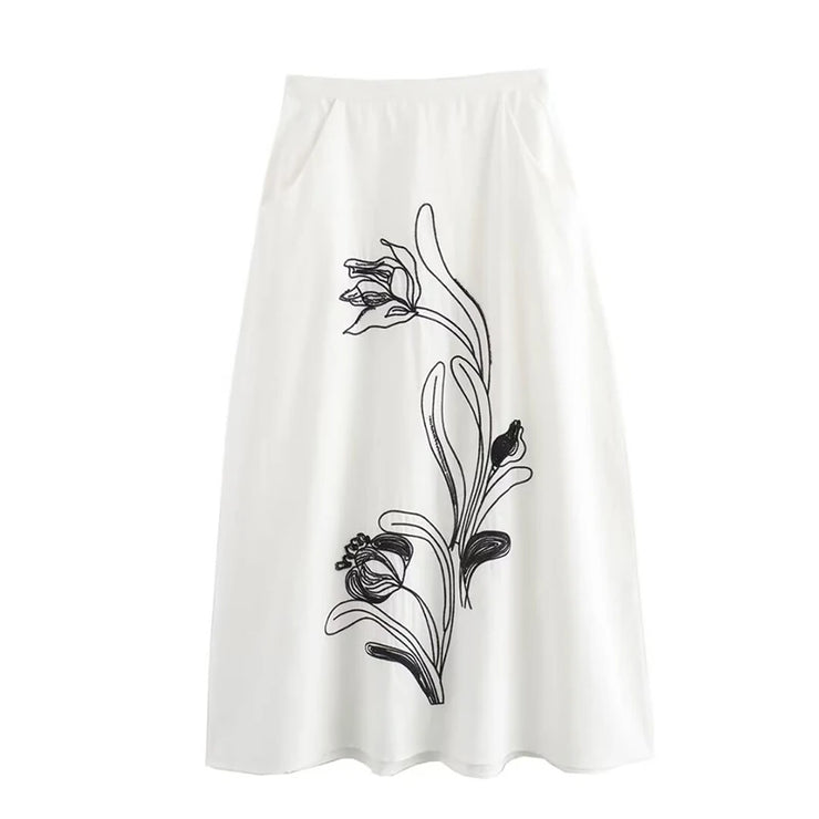 High Street Women Contrast Embroidered White Skirt Vintage High Waist A-line Office Ladies Elegant Skirts Summer faldas