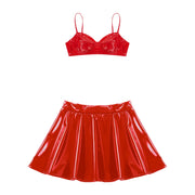 Womens Wet Look Patent Leather Bra Skirts Set Wire-free Bra Top with Zipper Flared Mini Skirt Lingerie Night Club Costume