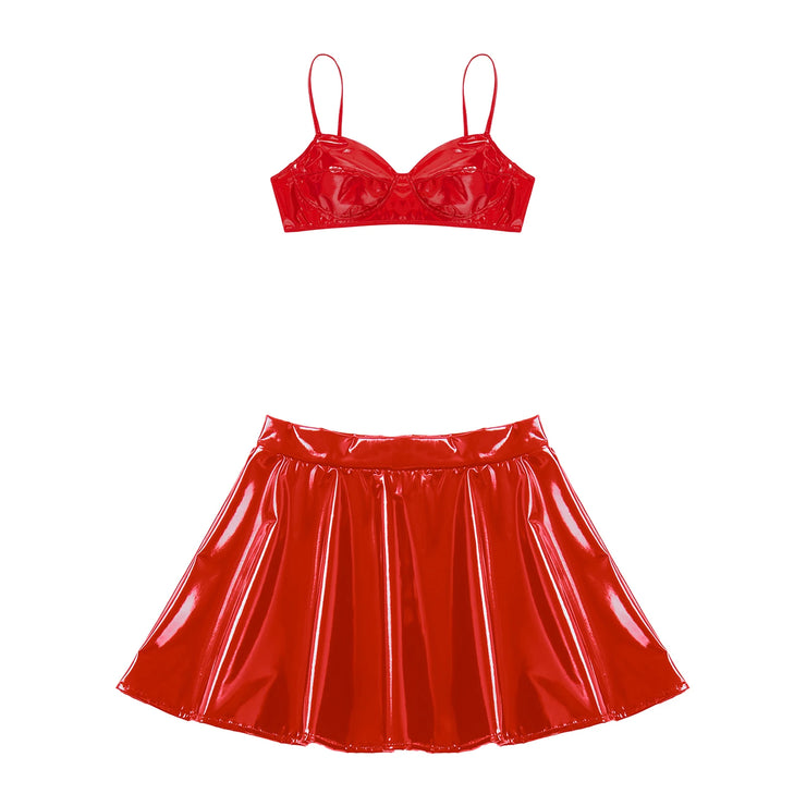 Womens Wet Look Patent Leather Bra Skirts Set Wire-free Bra Top with Zipper Flared Mini Skirt Lingerie Night Club Costume