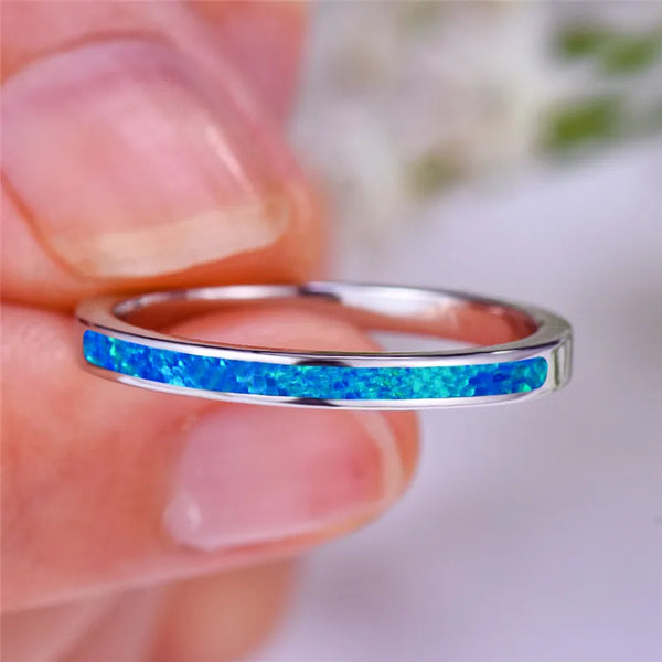 Female Charm White Fire Opal Blue Stone Rings Vintage Fashion Silver Color Wedding Band Jewelry For Women
