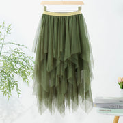 Women Green Midi Skirts Solid Color Elastic High Waist Irregular Ruffles Multi-Layered Tulle Tutu Skirts Female High Streetwear