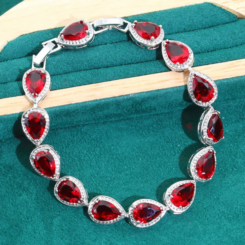 Droplet Shaped Silver 925 Jewelry Sets For Women Red Zircon Earrings Necklace Pendant Open Ring Bracelet Dating Dating Gifts