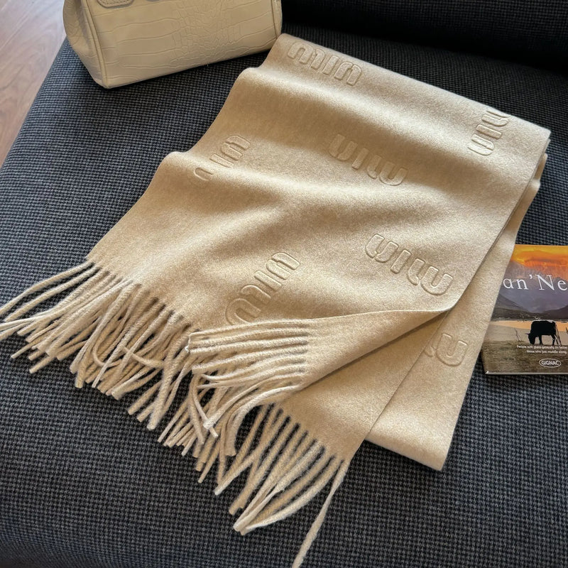 Fashion Design Blend Wool Scarf Women Embossed Simple Warm Muffler Female New Type Imitation Cashmere Thick Fringed Shawl Ladies