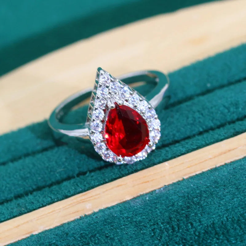 Droplet Shaped Silver 925 Jewelry Sets For Women Red Zircon Earrings Necklace Pendant Open Ring Bracelet Dating Dating Gifts