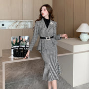 Luxury Autumn Winter Women 2 Piece Set Outfits Houndstooth Set Belt Irregular Blazer Coats And High Waist Pencil Mermaid Skirts