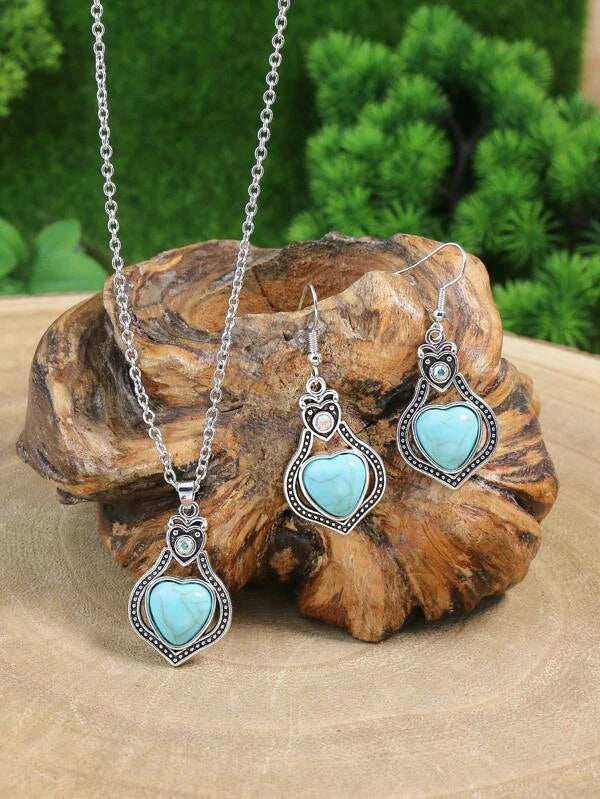 Vintage Zinc Alloy Turquoise Heart Decor Jewelry Set For Women