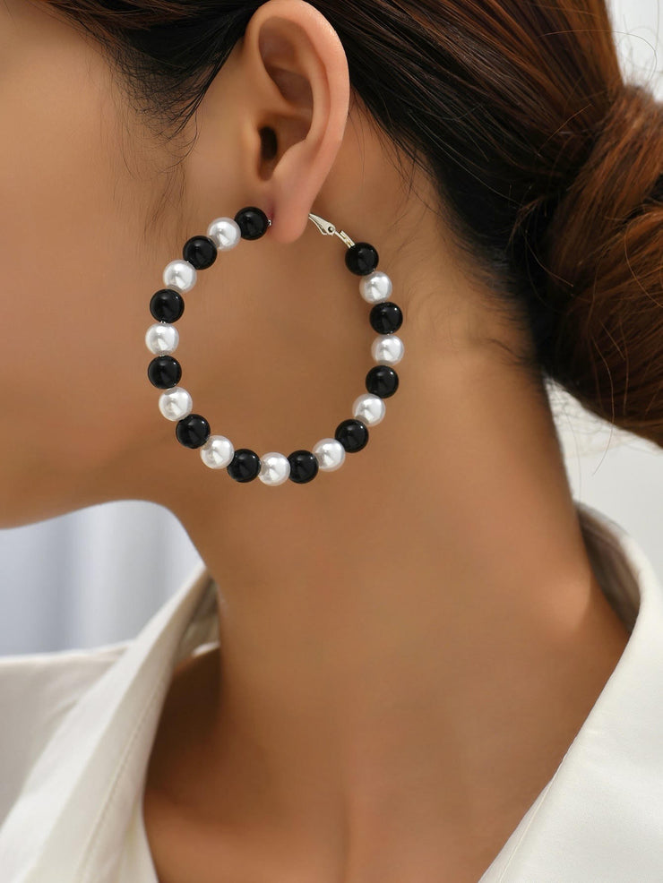 Two Toned Black & White Bead  Hoop Earrings