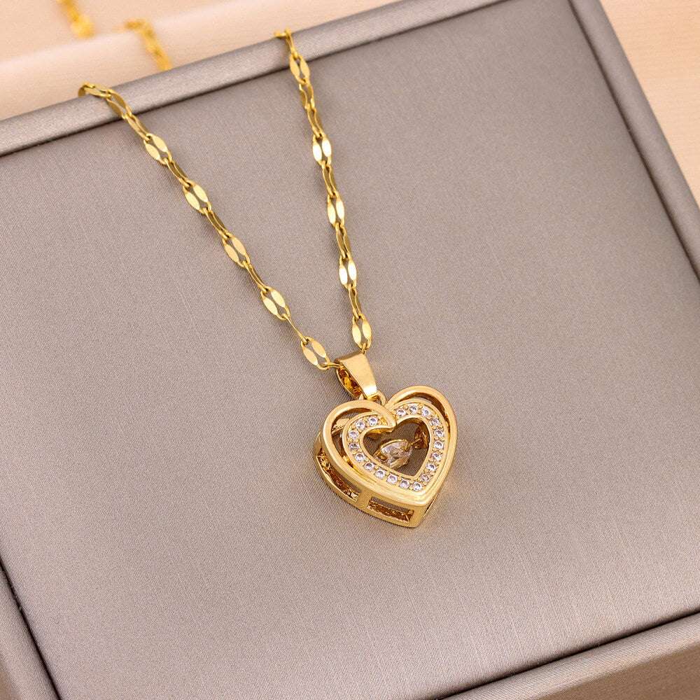 Titanium Steel Pendant Necklace With Rhinestones  Love Necklace