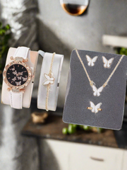 1pc White PU Polyurethane Strap Fashionable Rhinestone Decor Round Dial Quartz Watch, Butterfly Decor Jewelry Set