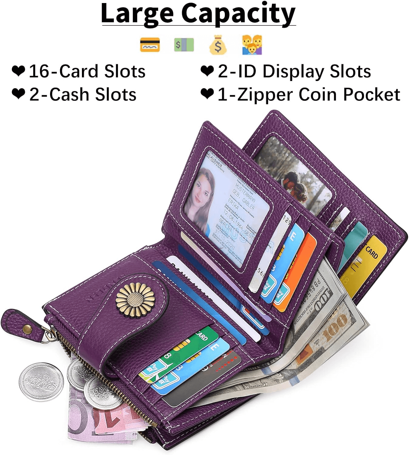 Women’s Bifold Wallet With RFID blocking | Zippered Leather Wallet