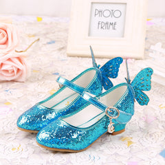 Butterfly Princess Shoes Children High Heel Leather Shoes