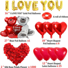 Heart Balloons Kit and I Love You Balloons with 1000 Pcs Dark-Red Silk Rose Petals Wedding Flower Decoration Love-Bear Red Heart Balloons for Valentine Day Party Decorations